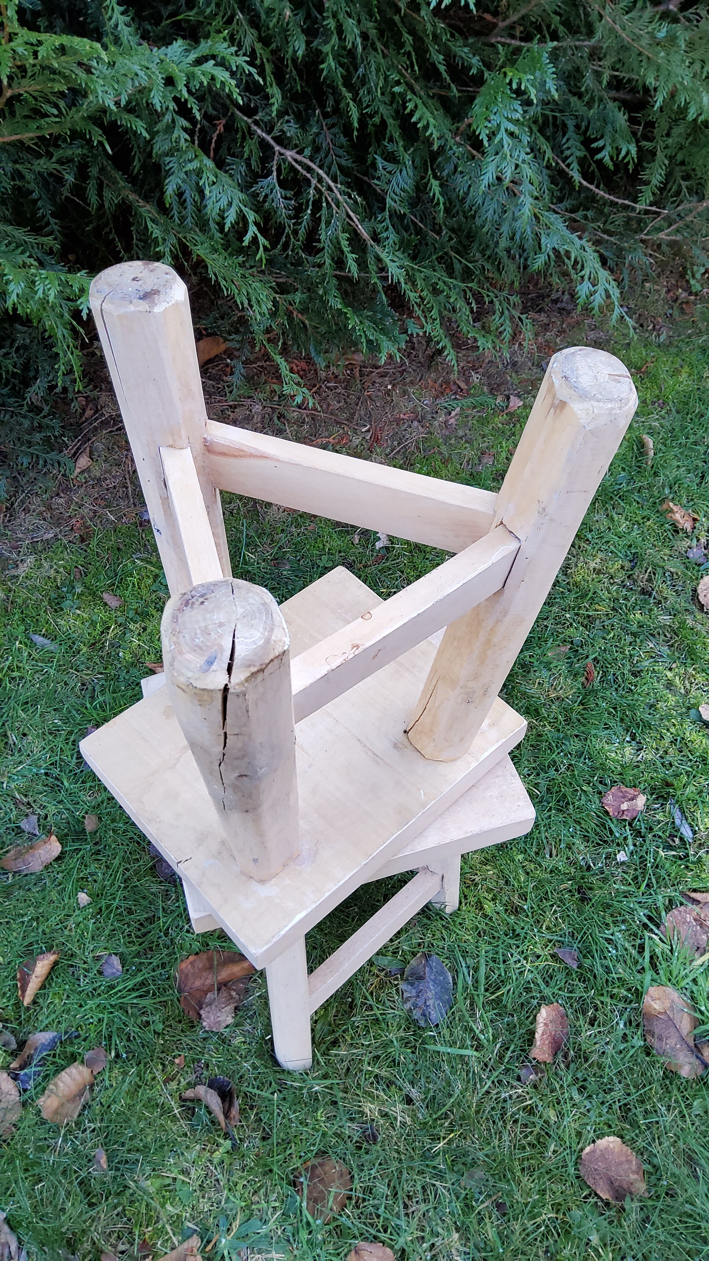 Pair of tripod stools raw wood
