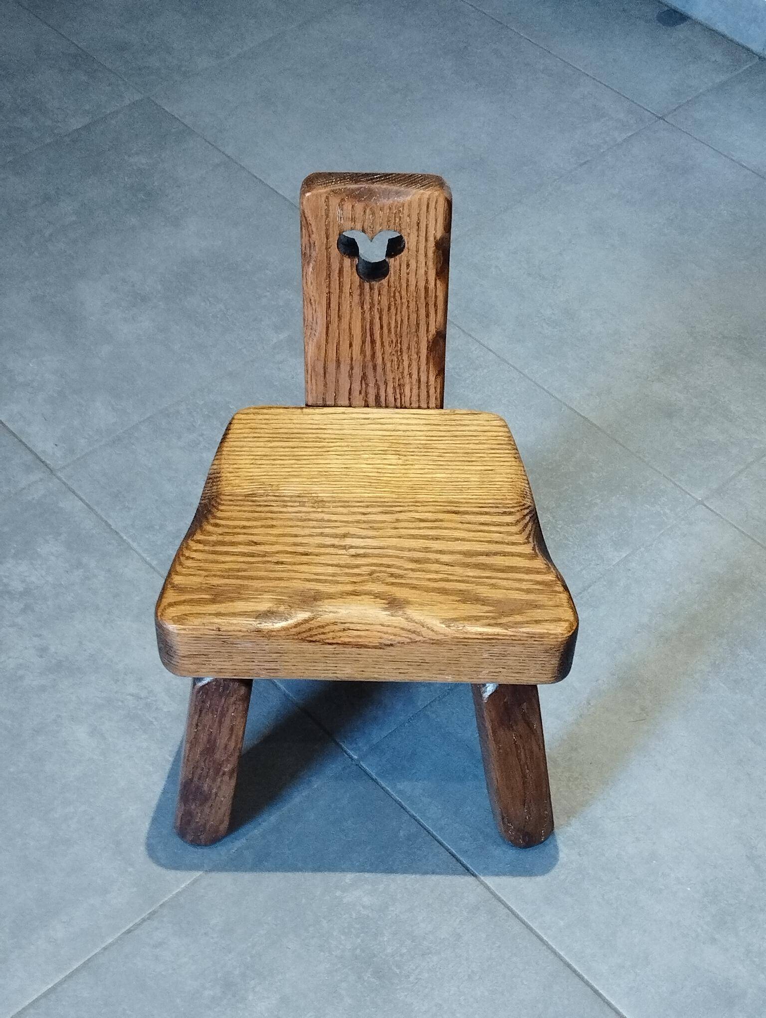 Tripod chair for children, Scandinavian brutalist chalet design.