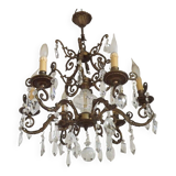 Magnificent French Antique Bronze Glass & Crystal 6 Light Cage Chandelier 4662