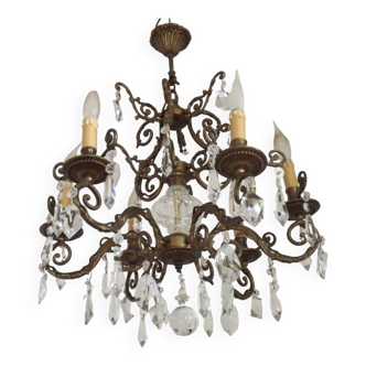 Magnificent French Antique Bronze Glass & Crystal 6 Light Cage Chandelier 4662