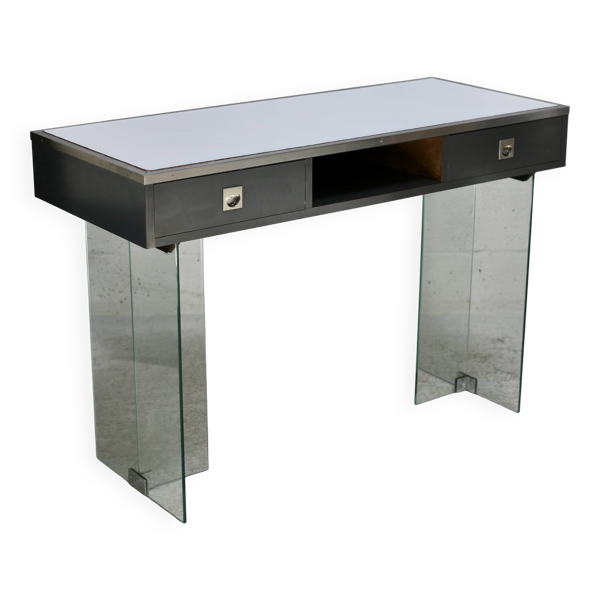 Console moderniste en verre, bois et mélaminé, années 60
