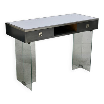Console moderniste en verre, bois et mélaminé, années 60