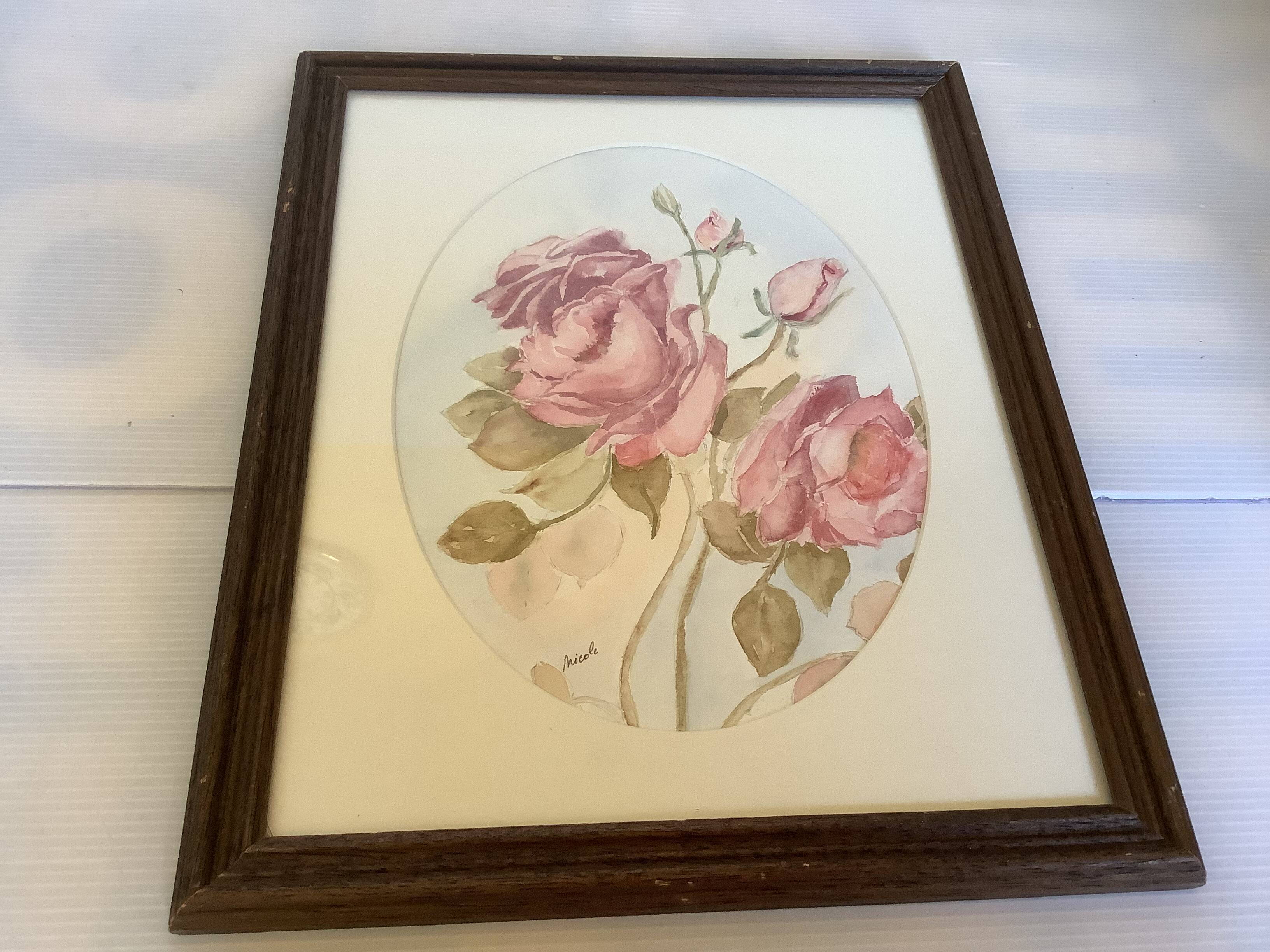 Tableau bouquet de roses aquarelle signée