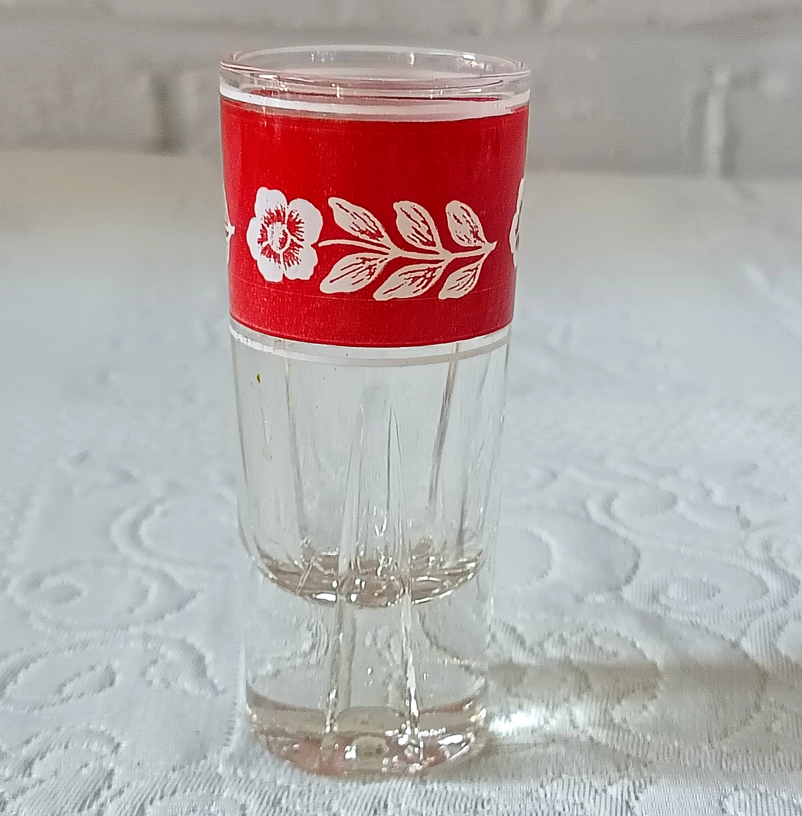 6 vintage red and white flower decorated liqueur glasses