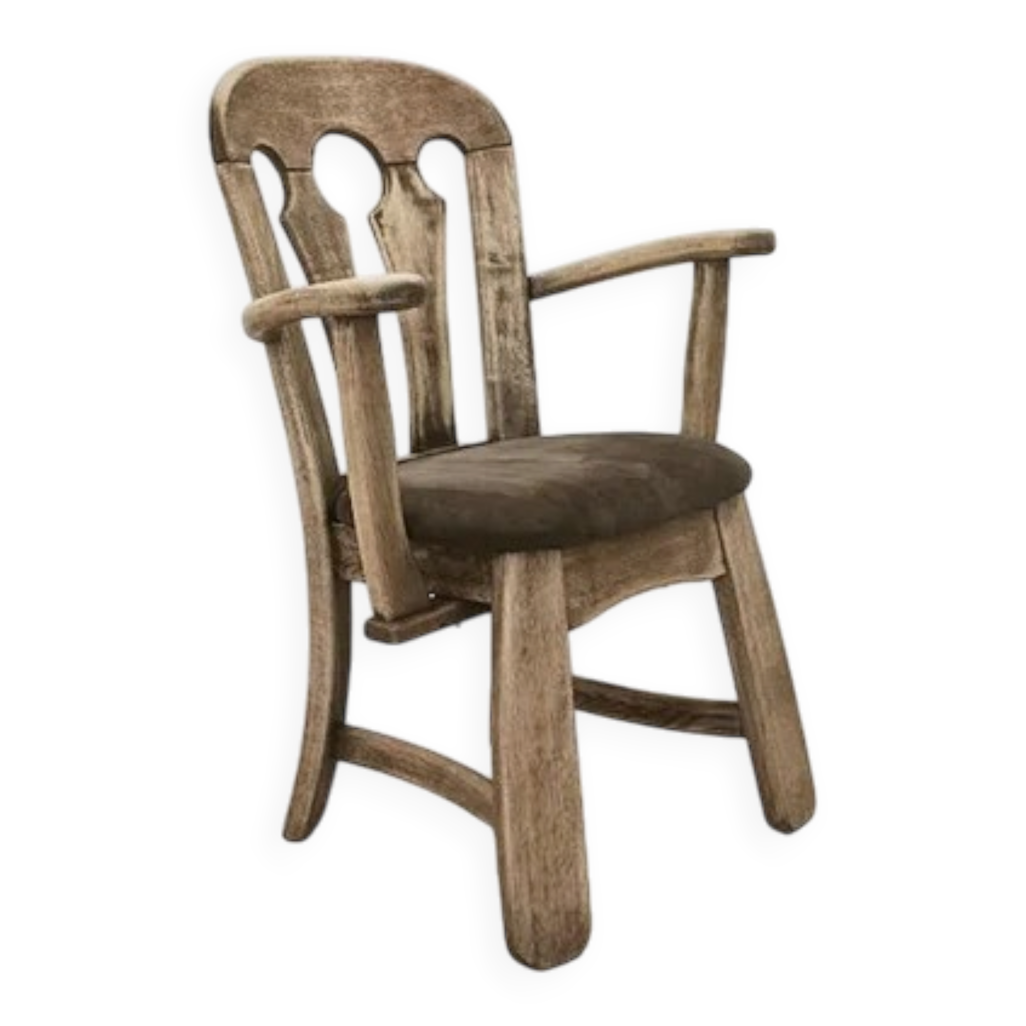 Dutch brutalist solid oak armchair with reupholstered leather seat, 1970s