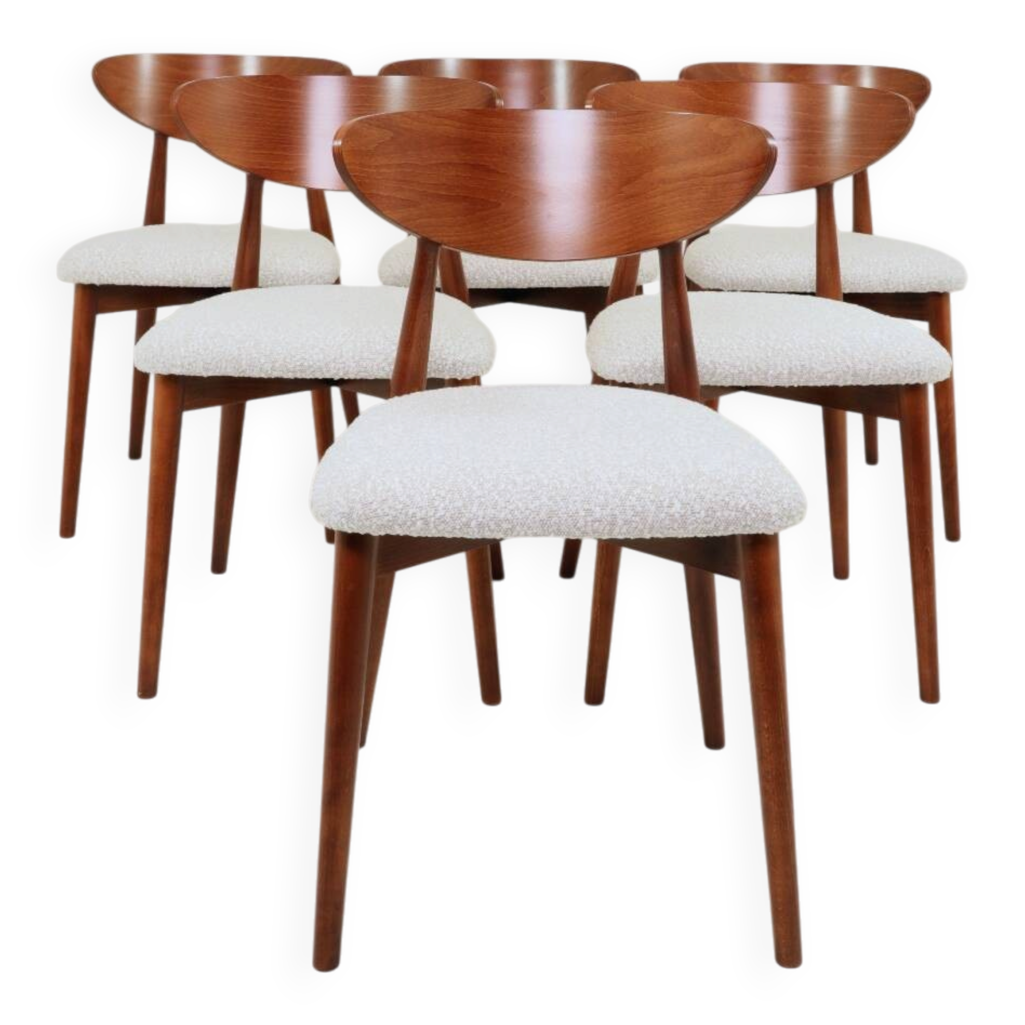 Set of 6 dining chairs, teak color wood, bouclè upholstery