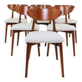Set of 6 dining chairs, teak color wood, bouclè upholstery