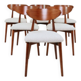Set of 6 dining chairs, teak color wood, bouclè upholstery