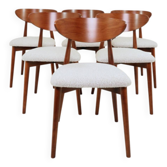 Set of 6 dining chairs, teak color wood, bouclè upholstery