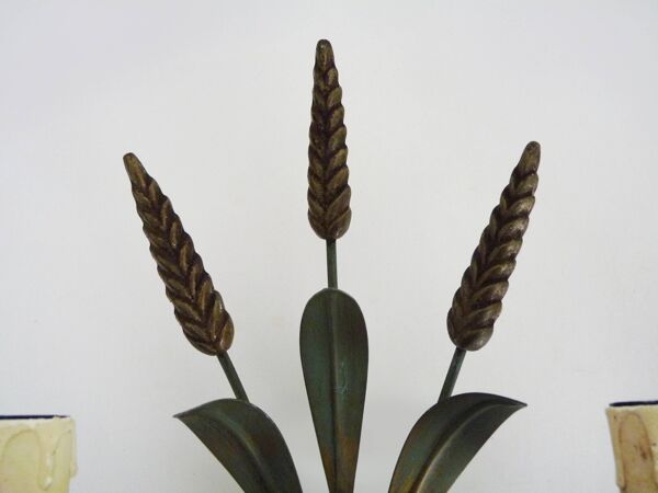 Paire d'appliques murales épis de blé ancienne en métal vert et or