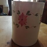 Pot à ustensiles en argile et émaillé blanc avec fleurs roses fait main à la poterie de nemy(85)