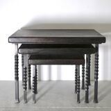 Brutalist nesting table in ebonized oak and wrought iron