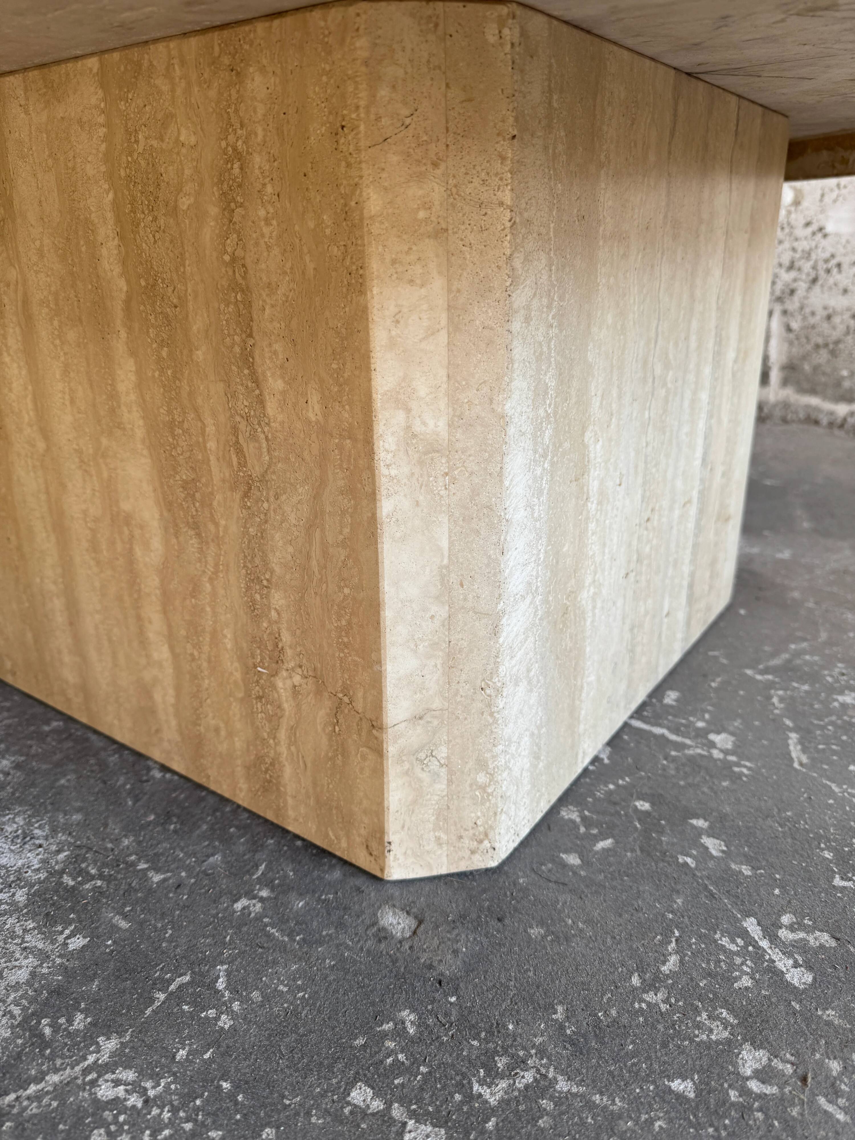 Beige Travertine Sculptural Coffee Table — Hexagonal Solid Natural Stone, Brutalist Design