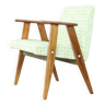 Fauteuils scandinaves en bois pied de poule vert et blanc tissu 1962 design par Chierowski rénové chaise de salon de style moderne du milieu du siècle