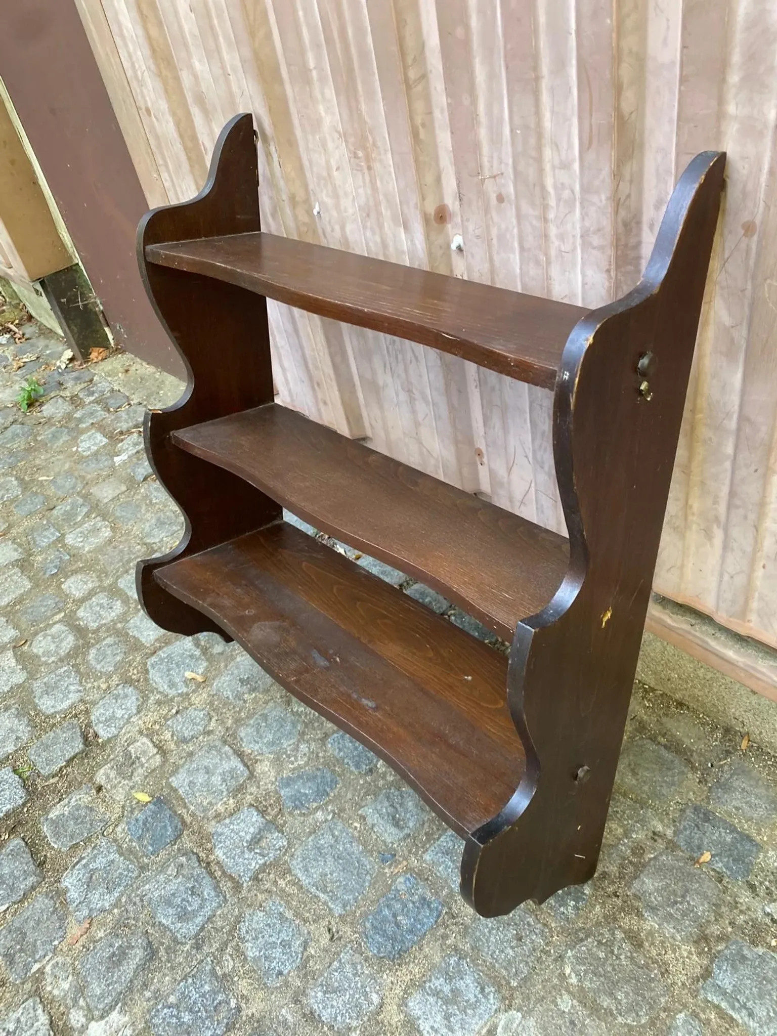 Vintage wall shelf with ornate cutouts in dark wood, 68x88cm, 3 levels, 1950.