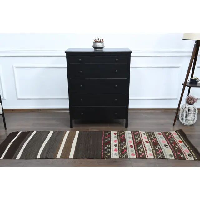 1970s Turkish Oushak Handmade Wool Cotton Brown Runner 65x243