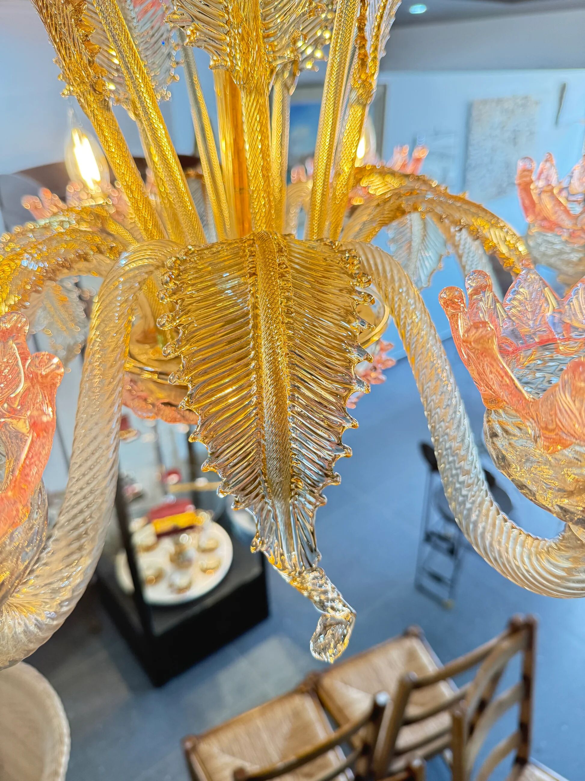 Venetian glass chandelier with pink and gold floral decoration – 6 lights