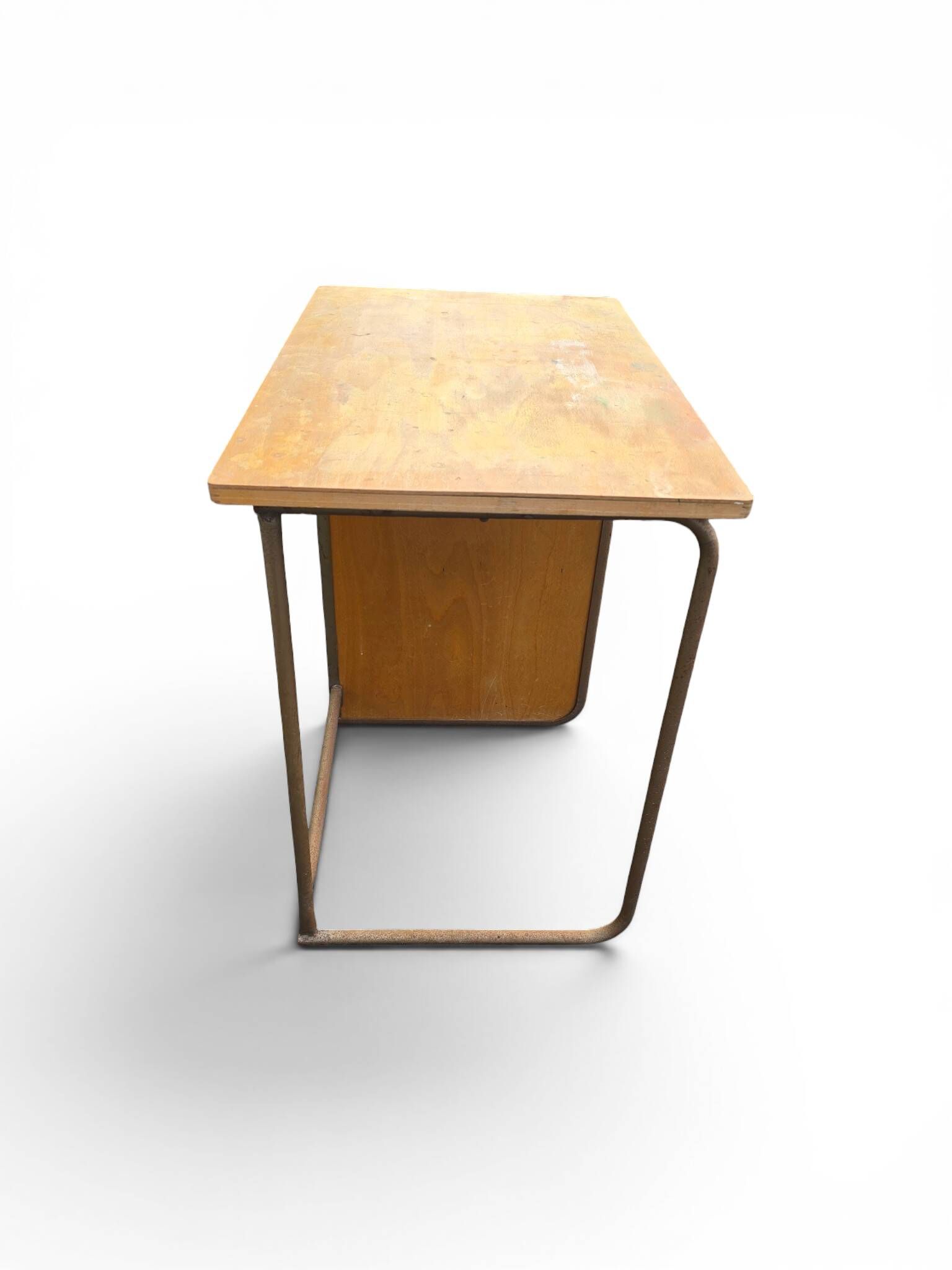 Vintage 1950s desk made of wood and metal with a 3-drawer unit.