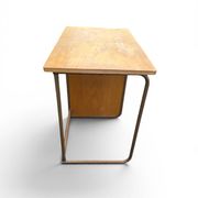 Vintage 1950s desk made of wood and metal with a 3-drawer unit.