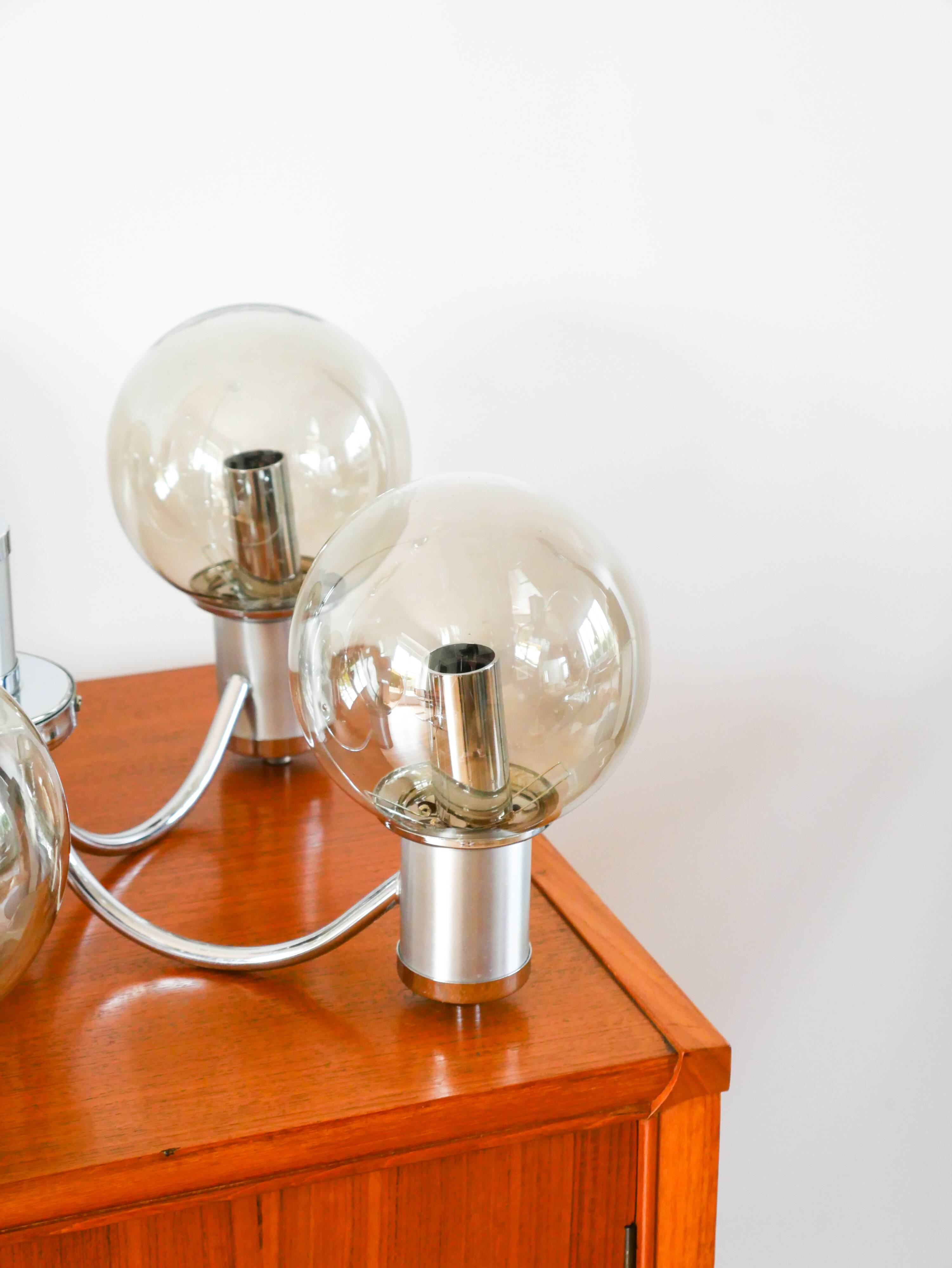 Five-branched chandelier, in chrome and smoked glass globes, Design, 1970