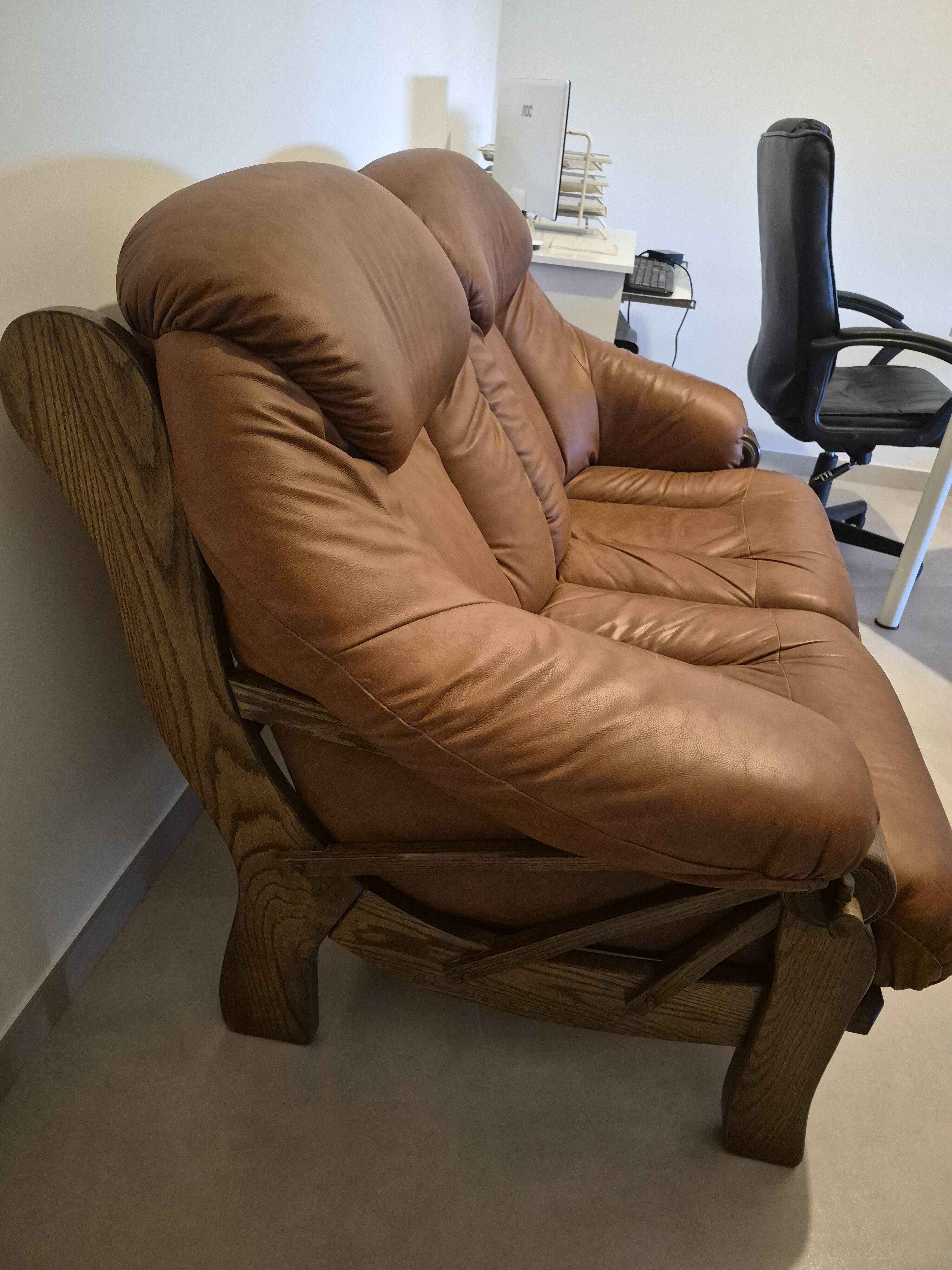 Vintage Scandinavian two-seater sofa in cognac leather and solid oak.