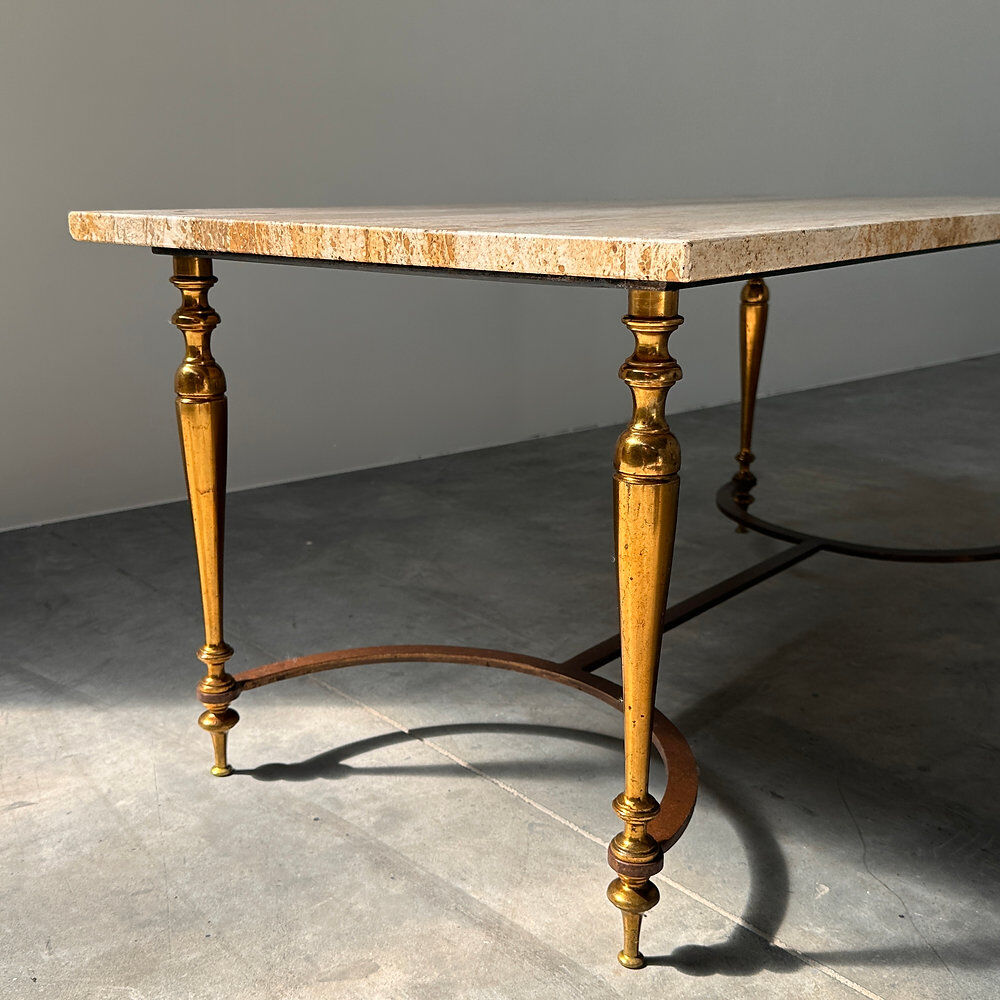 Elegant travertine coffee table with brass base, 1970s