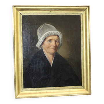 Oil on canvas, Woman with a white headdress dated 1840
