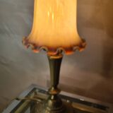 Art deco bronze lamp with pretty purple tulip, 41x15 electricity ok