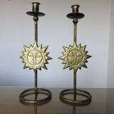 Pair of "sun" candlesticks in metal and wood from the 80s