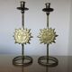 Pair of "sun" candlesticks in metal and wood from the 80s