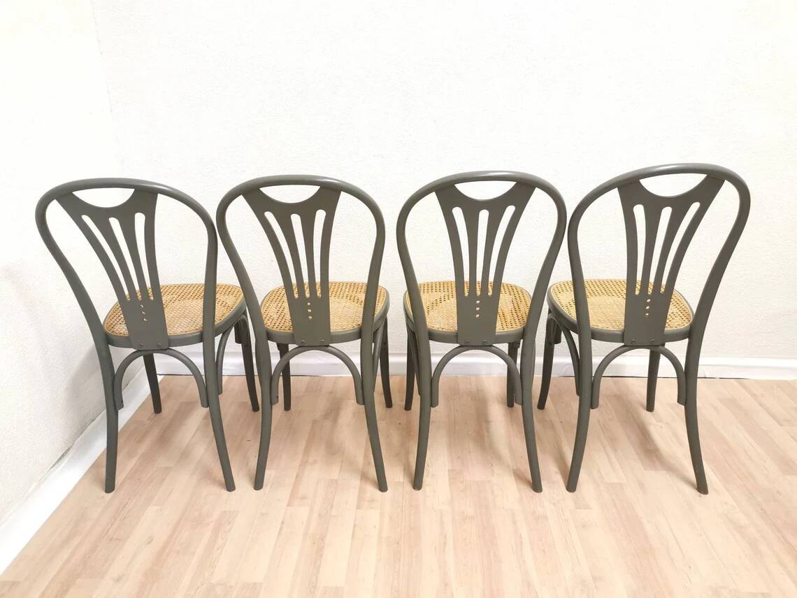 Set of 4 Vintage Gray Thonet Style Dining Chairs with Cane Seat