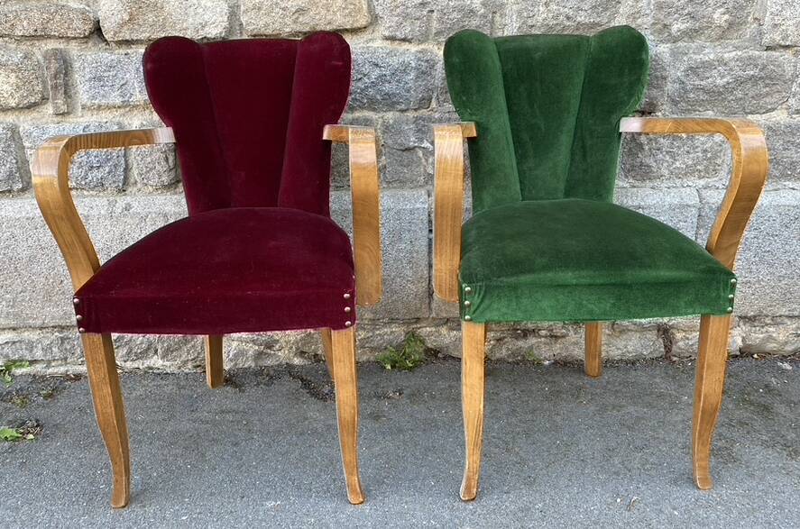 Pair of vintage studded velvet bridge chairs, 1950s