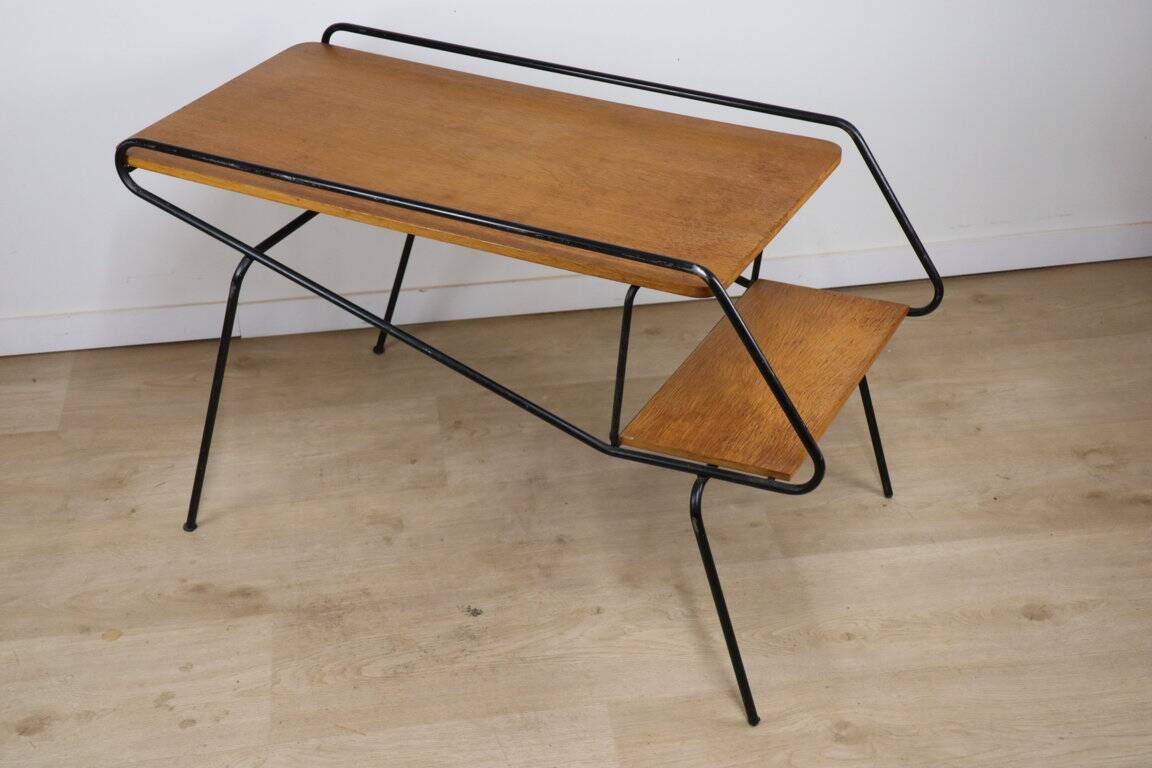 Vintage side coffee table in black lacquered metal and oak, 1950
