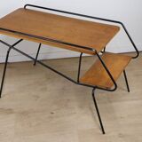 Vintage side coffee table in black lacquered metal and oak, 1950