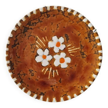 Vintage Ceramic Plate - Flower Decor - Amber Glaze
