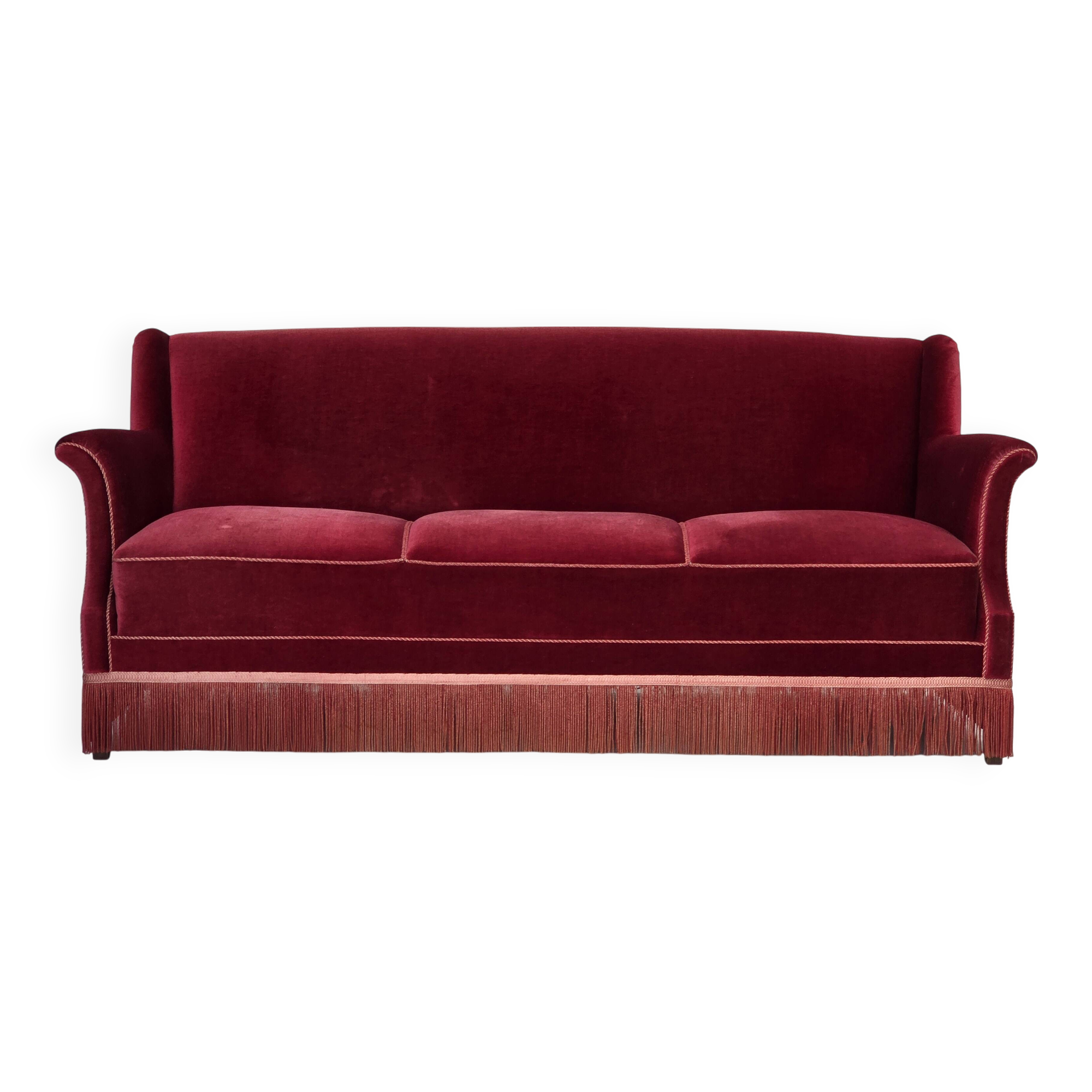 1960s, Danish 3-seater sofa, cherry-red furniture velour, ash wood.