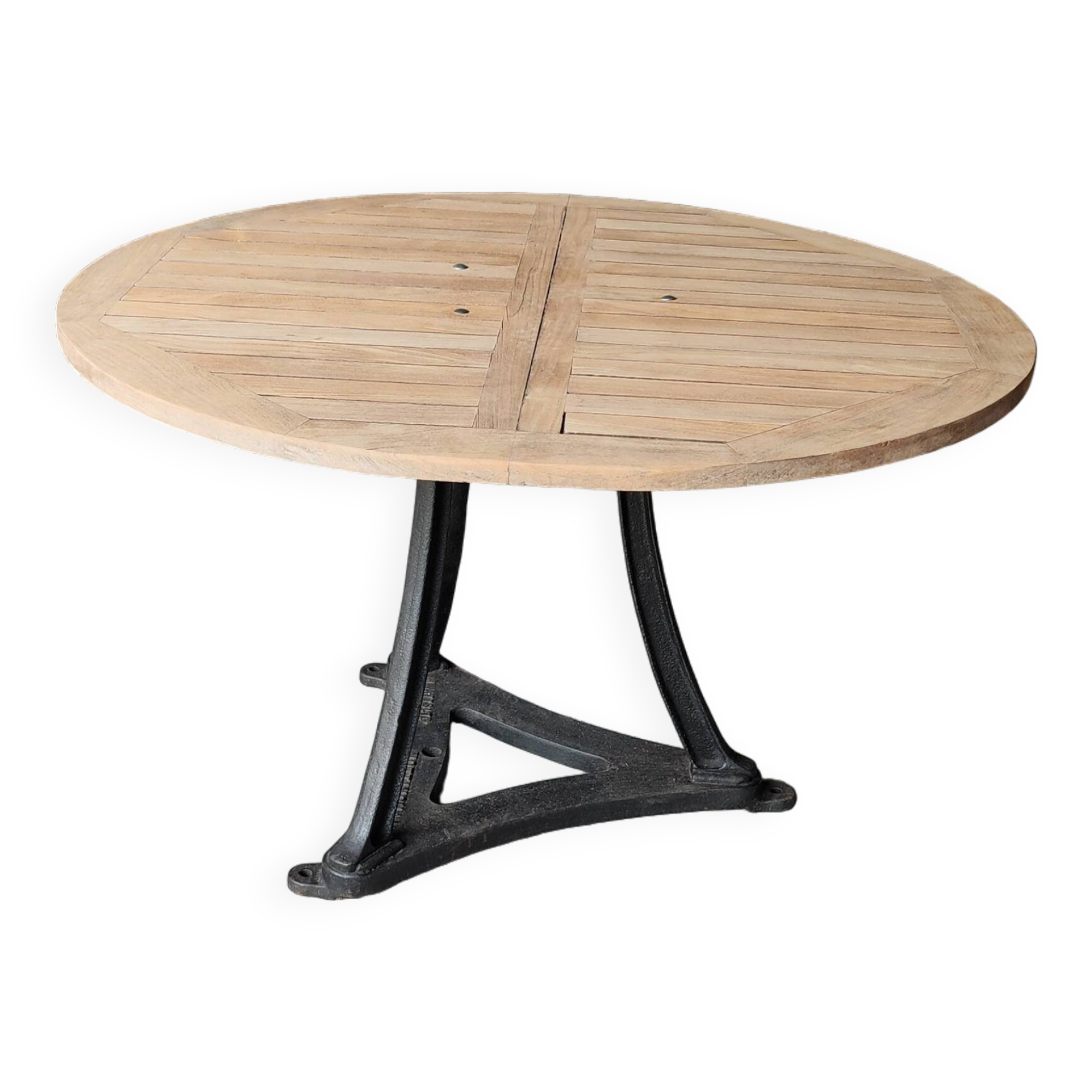 Industrial table with cast iron legs and teak top
