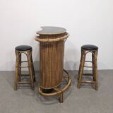 Bar et tabourets Tiki vintage en bambou