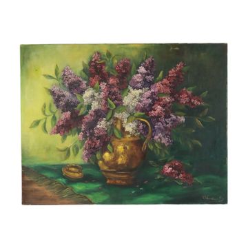 Grande peinture de nature morte florale colorée avec des lilas (90x70 cm)