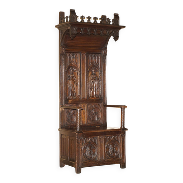 Chaise de hall porteuse gothique jacobéenne finement sculptée d’époque victorienne vers 1860