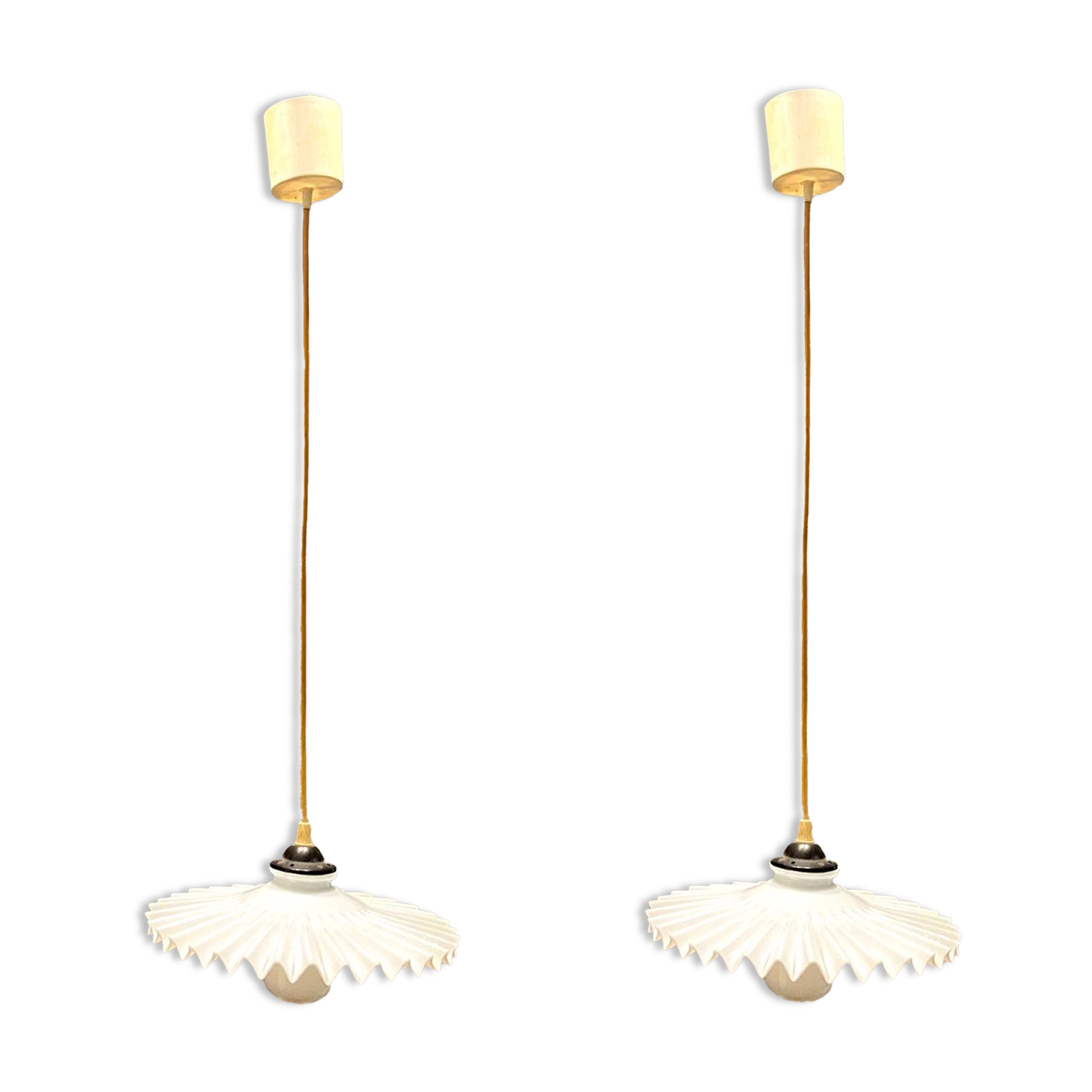 Opaline pleated glass light pendants, set of 2