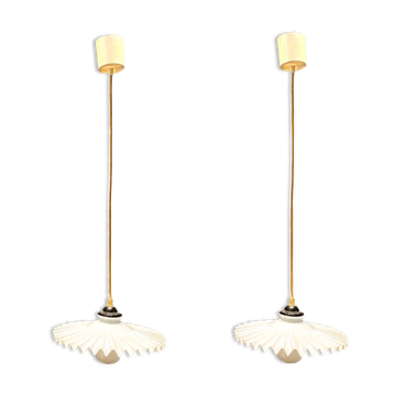 Opaline pleated glass light pendants, set of 2