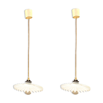 Opaline pleated glass light pendants, set of 2