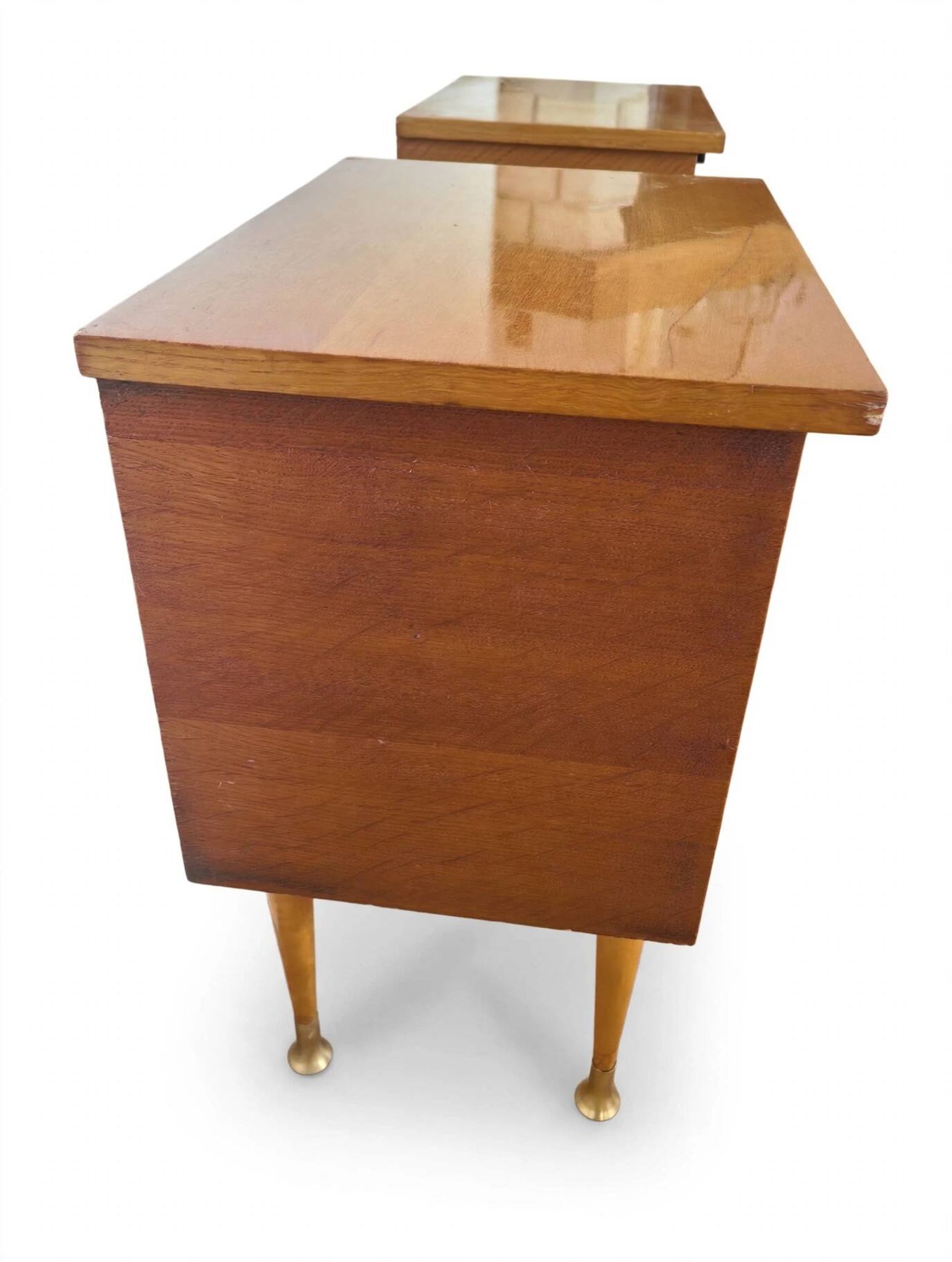 Pair of Vintage Mid-Century Nightstands in Walnut & Brass - 8 Bell Feet -