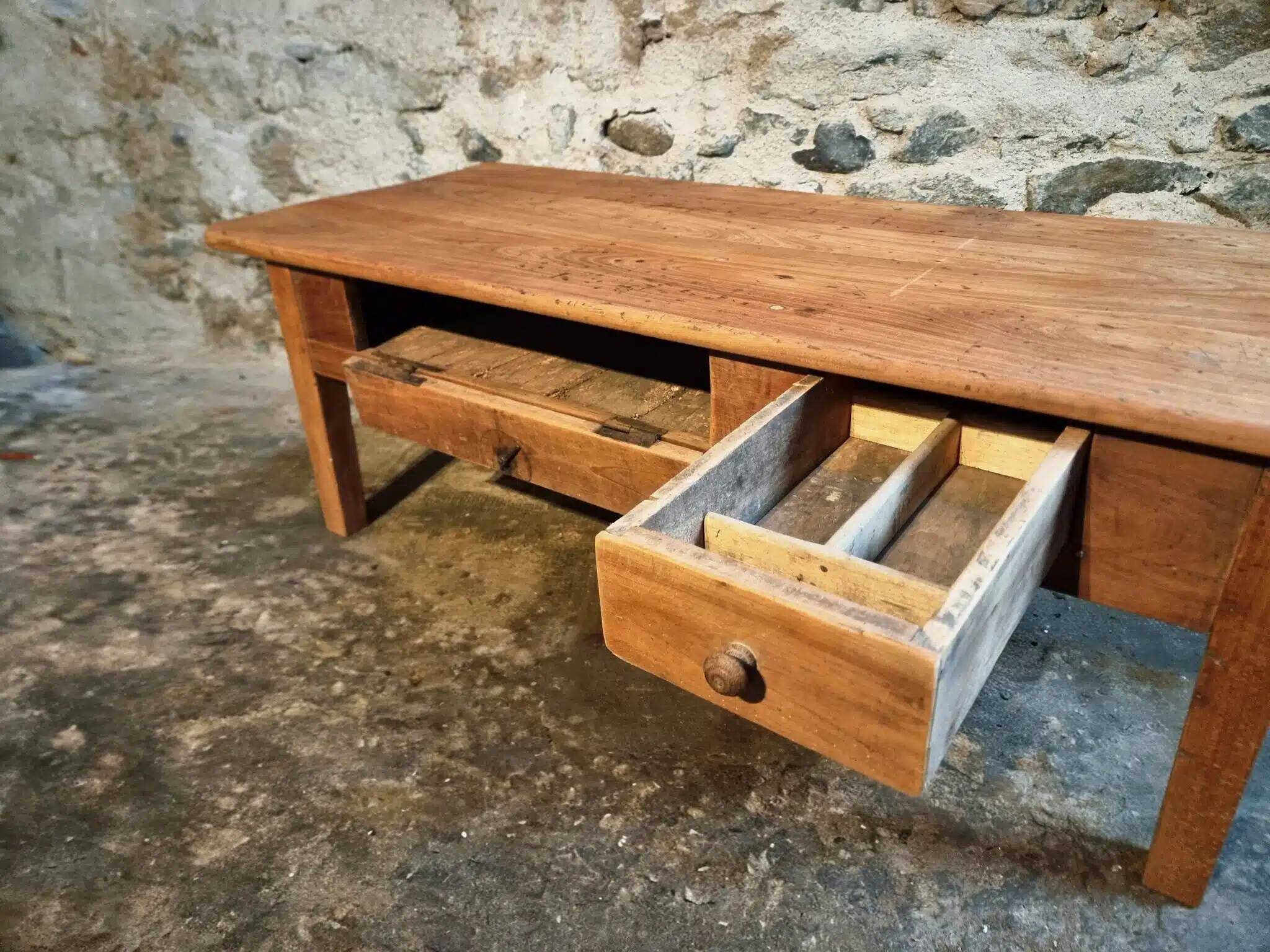 Old French rustic coffee table in cherry wood.