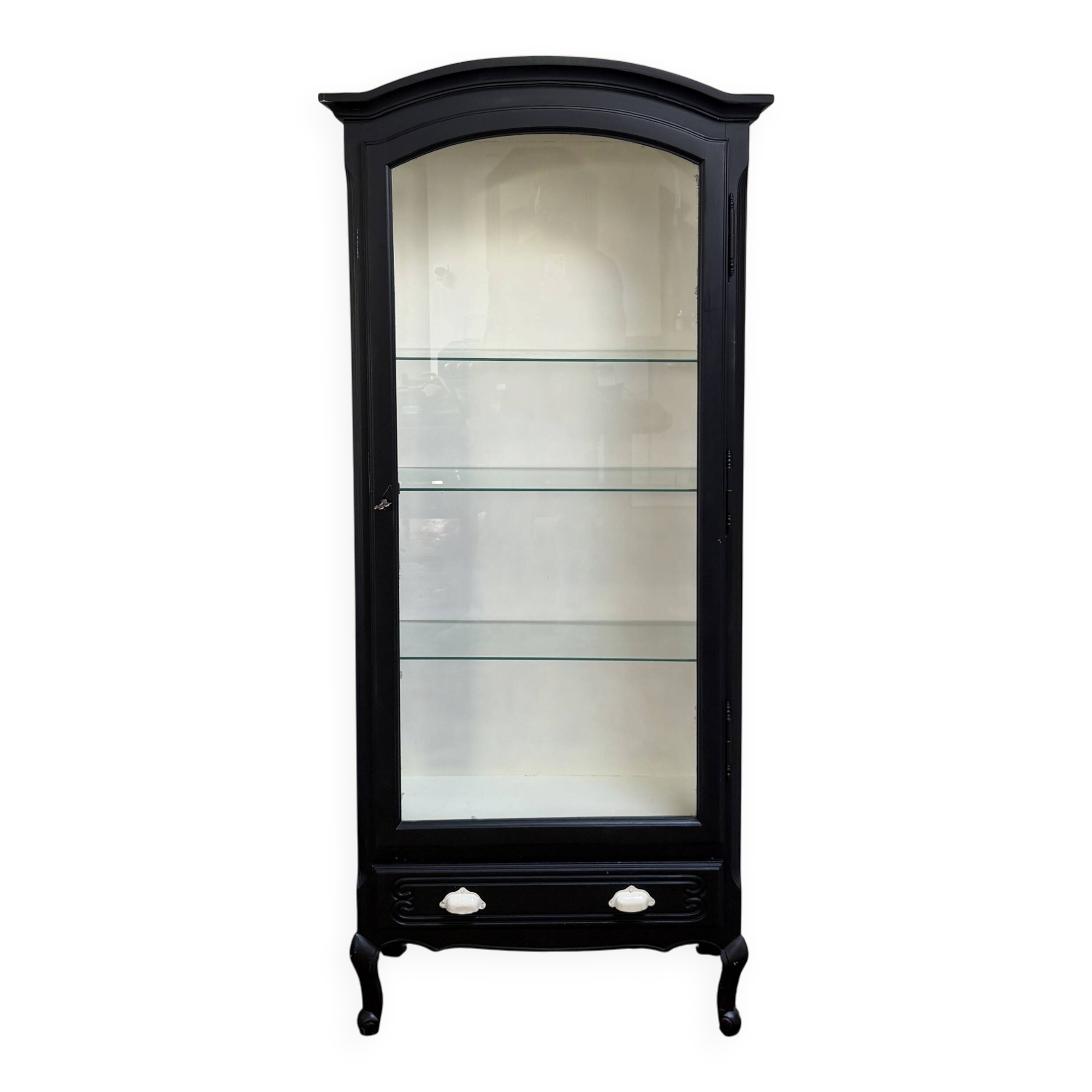 Antique display cabinet repainted in black.