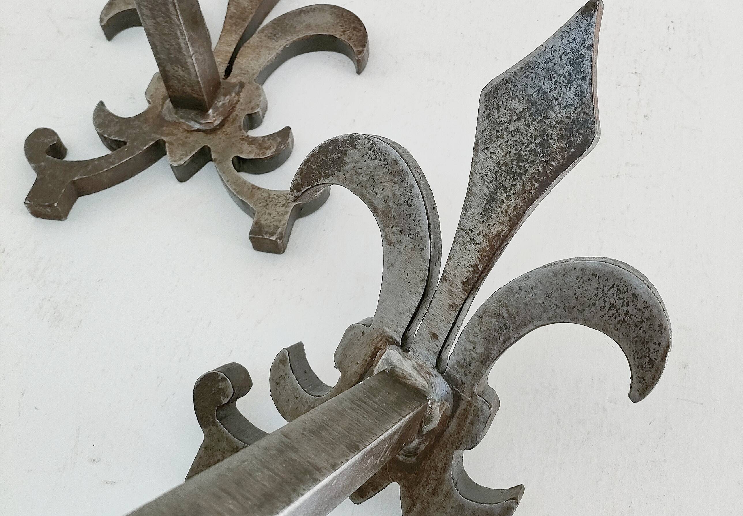 Pair of vintage steel fleur-de-lys andirons