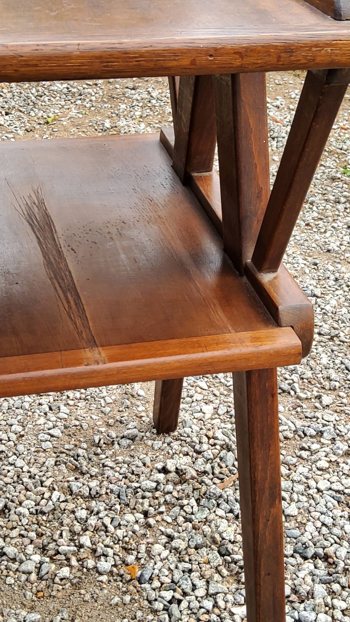 Table d’appoint vintage des années 50 en hêtre chêne et peuplier pieds compas
