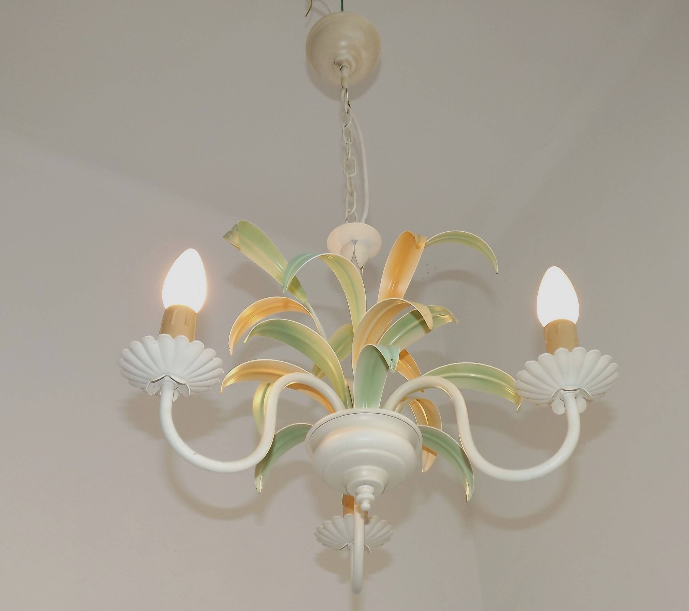 French Vintage Cream 3 Light Chandelier Green and Peach Leaves