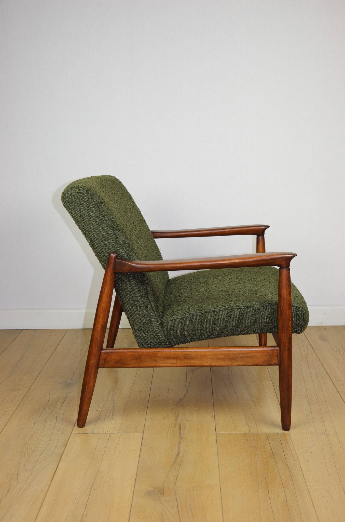 GFM-64 armchair, design by Edmund Homa from the 60s, olive green boucle - 2 pieces available